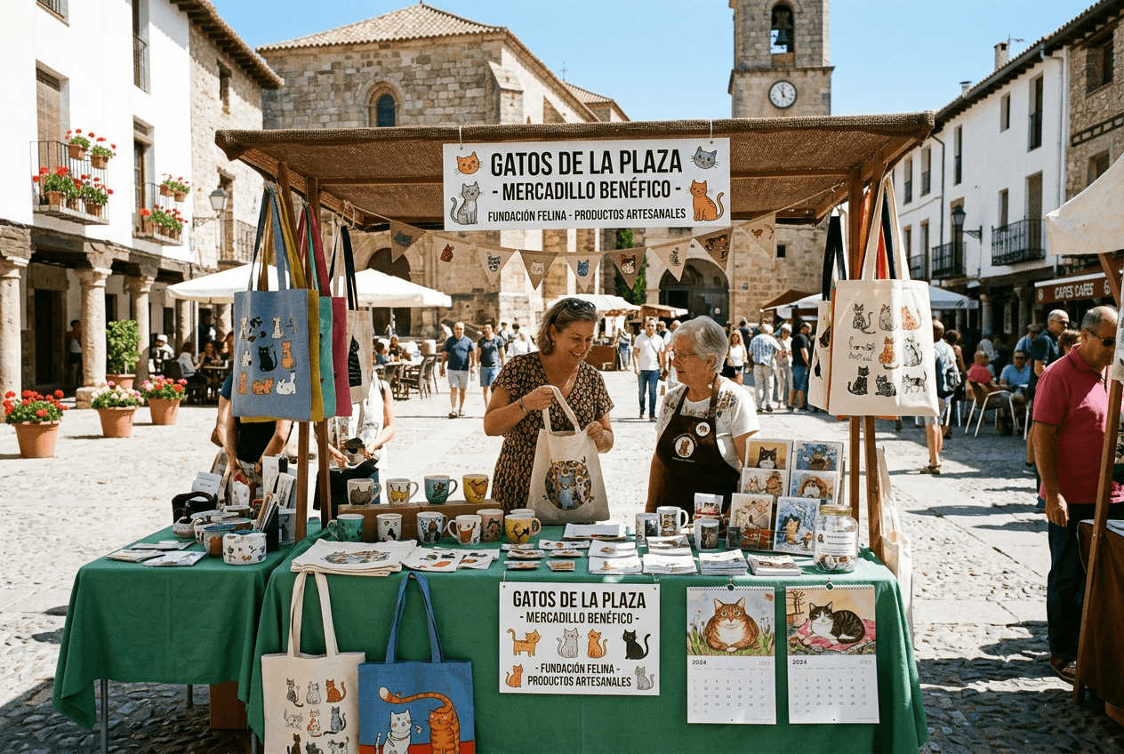 Puesto del mercadillo solidario con bolsas y tazas de gatos